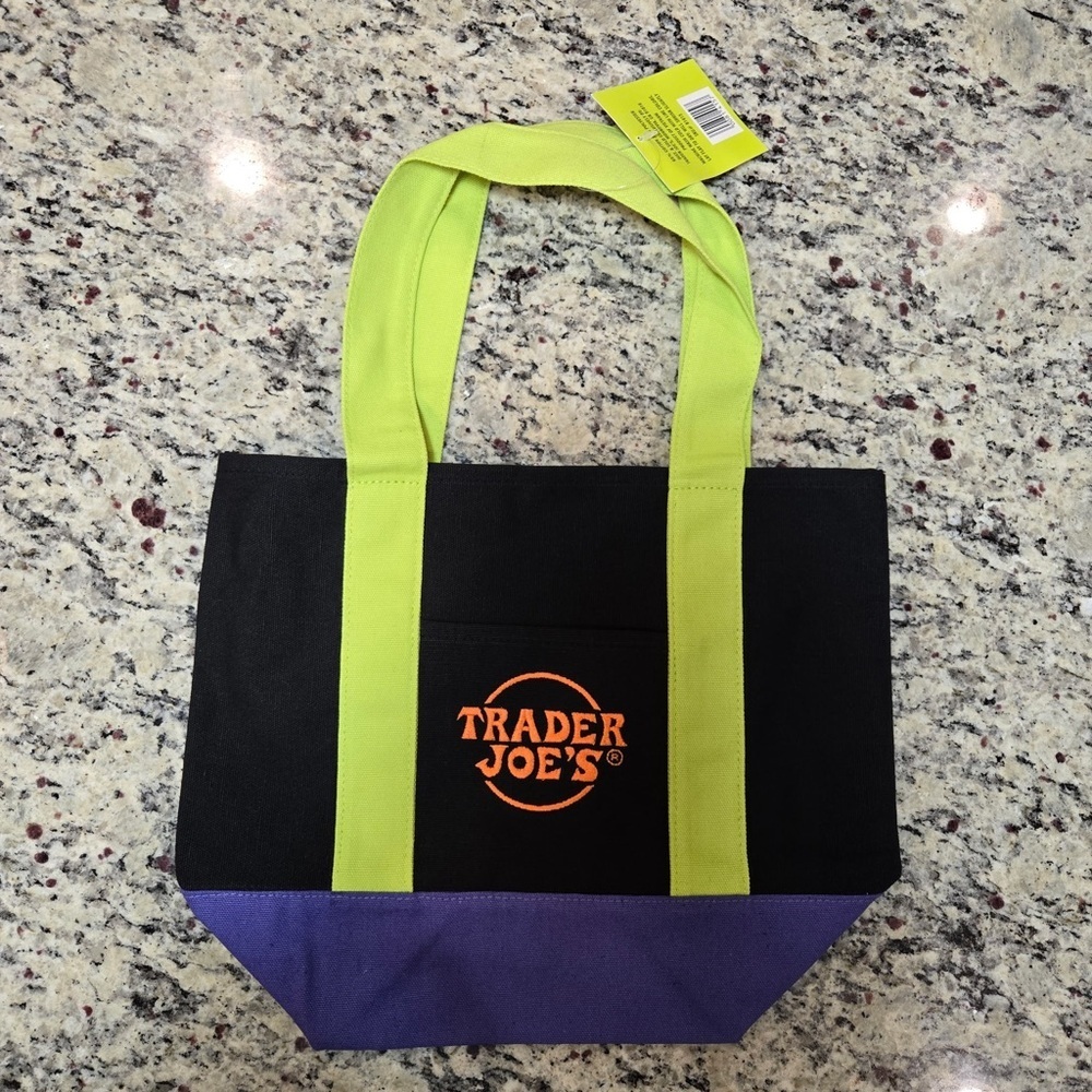 Trader Joe's Mini Black and Purple Tote with Green Handles